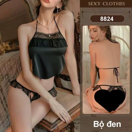 Bồ đồ ngủ yếm lụa phối ren cột dây sexy gợi cảm Hàng loại 1 DESIRE VN-8824 Bộ Đen L - Available variant