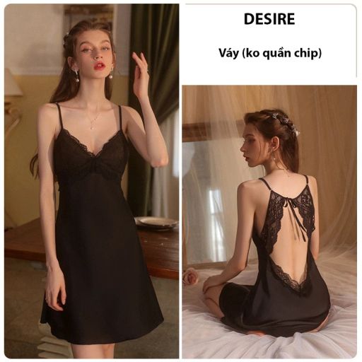 Váy ngủ lụa phối ren cut out lưng gợi cảm có mút ngực DESIRE VN-2621 Đen M - Available variant
