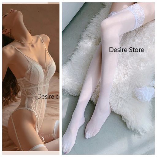 Bộ Bodysuit ren Jump ren xuyên thấu kèm tất lưới ren phong cách gợi cảm sexy DESIRE VN-1379 Váy+Tất trắng 003 - Available variant
