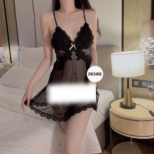 Váy ngủ ren phối hoa xuyên thấu sexy cao cấp kèm quần chip VN-1899-1 Đen L - Available variant