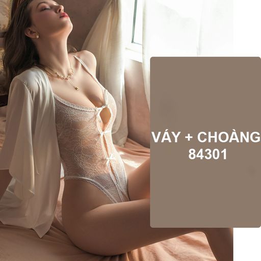 Bộ đồ ngủ liền thân bodysuit ren xẻ đáy gợi cảm DESIRE VN-8430-2 Trắng + Choàng M - Available variant