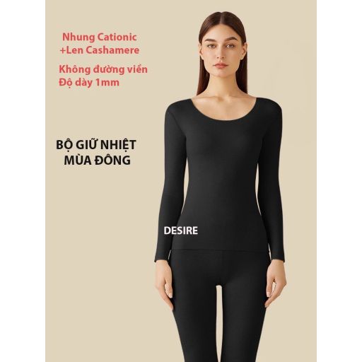 Đồ bộ giữ nhiệt nữ giới mùa đông siêu nhẹ ấm áp vải Nhung lót Len Cashmere không đường viền AGN-002 Màu Đen ko viền M (35-48 KG) - Available variant