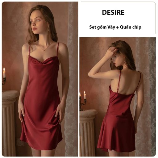 Váy ngủ lụa hai dây cổ đổ gợi cảm Desire VN-1477 Váy Đỏ+ chip M( 48-54kg) - Available variant