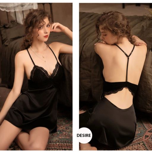Váy ngủ lụa Đầm ngủ hai dây lụa phối ren dây lưng chữ Y gợi cảm sexy VN-700 Đen M (40-52) - Available variant