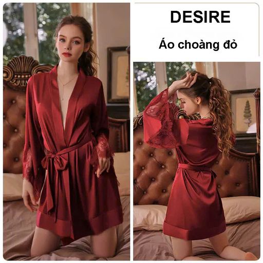 Áo choàng ngủ lụa tay phối ren choàng cô dâu Bride satin cao cấp VN-1001 Đỏ Freesize 40-68kg - Available variant