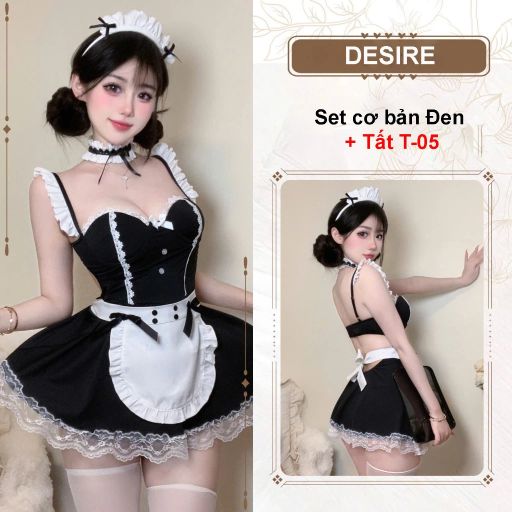 Váy ngủ Cosplay Cô Hầu Gái chất thun mềm có gọng sexy gợi cảm DESIRE VN-1315 Set Đen+T-05 Trắng - Available variant