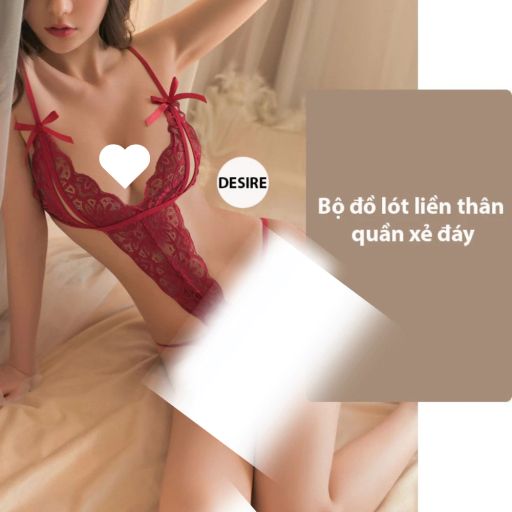 Set đồ lót liền thân ren xẻ đáy và Áo choàng lụa set lót ren gợi cảm sexy VN-8458 Bộ lót ren đỏ L - Available variant