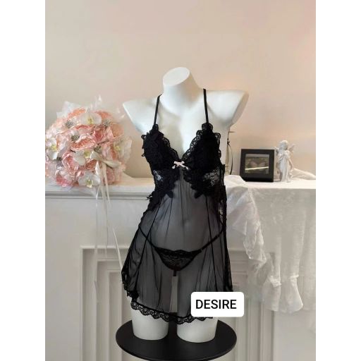 Váy Ngủ Ren Phối Hoa Xuyên Thấu Sexy Cao Cấp Kèm Quần Chip DESIRE VN-1899 Đen L - Available variant