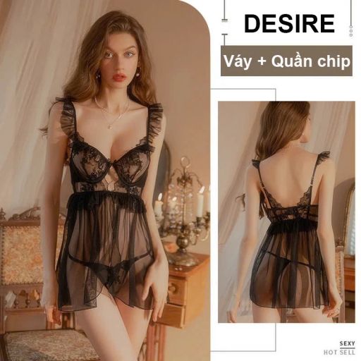 Váy ngủ ren cao cấp có gọng chất mềm mịn kèm chip DESIRE VN-1845 Đen - Available variant