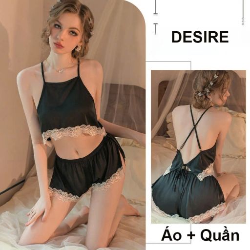 Bộ đồ ngủ lụa phối ren cao cấp dáng yếm cột hai dây gợi cảm mát mịn mùa hè DESIRE VN-2018 Đen - Available variant