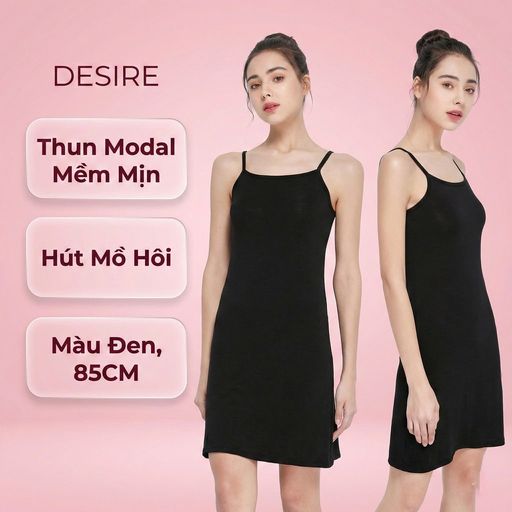 Đầm hai dây - Váy hai dây mặc lót thun modal (Gỗ sồi) dáng suông cổ thuyền Desire VNN-0044N Đen ngắn 85cm M - Available variant