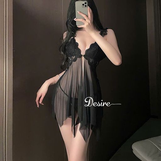 Váy Ngủ Ren Cài Trước Xuyên Thấu Sexy Kèm Quần Chip DESIRE VN-1052-1 Đen - Available variant