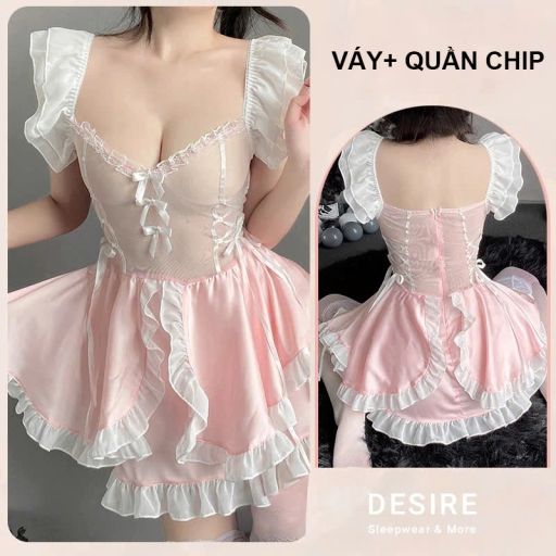 Bộ đồ Cosplay Lolita Cô hầu gái gợi cảm, sexy mềm cao cấp DESIRE VN-2591-1 Set cơ bản Hồng M - Available variant