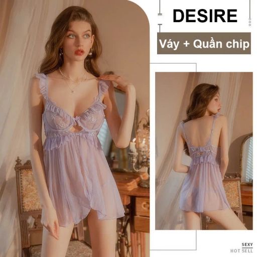 Váy ngủ ren cao cấp có gọng chất mềm mịn kèm chip DESIRE VN-1845 Tím - Available variant
