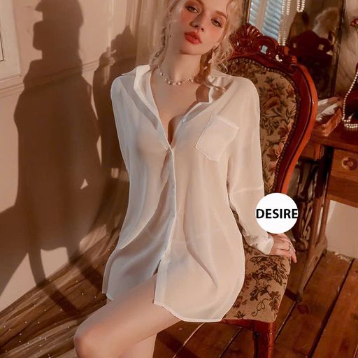 Desire Store, Áo sơ mi ngủ voan tay dài xẻ vai gợi cảm sexy Desire VN-8606 - 200.000 ₫