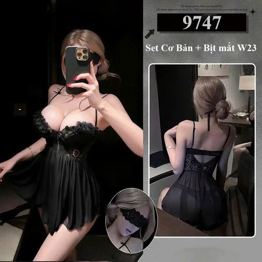 9747 Váy ngủ ren xuyên thấu Bèo hoa có mút ngực Sexy Hàng cao cấp DESIRE Đen+Chip+BịtmắtW23 Freesize 40-58kg - Available variant