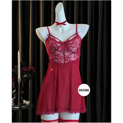 Váy ngủ ren và áo choàng và quần chip xuyên thấu cut out lưng sexy kèm chip VN-8449 Váy + Chip đỏ M - Available variant