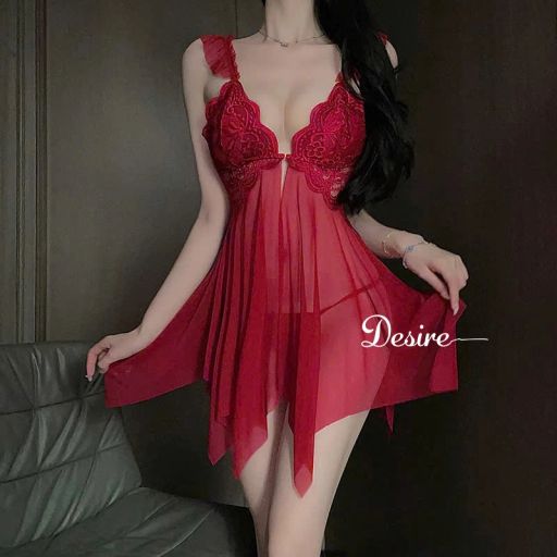 Váy Ngủ Ren Cài Trước Xuyên Thấu Sexy Kèm Quần Chip DESIRE VN-1052 Đỏ - Available variant