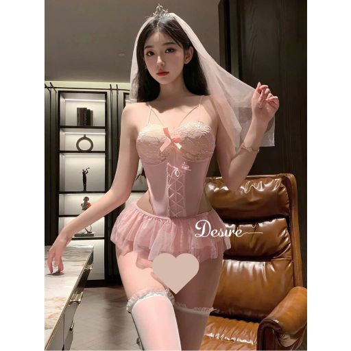 Váy Ngủ Cosplay Cô Dâu Sexy - Bodysuit Ren Khoét Eo Kèm Khăn Voan Vương Miện Cao Cấp DESIRE VN-6606-1 Set Hồng - Available variant