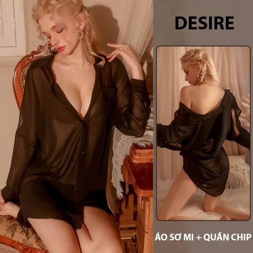 Áo sơ mi ngủ voan tay dài xẻ vai gợi cảm sexy Desire VN-8606 Đen - Available variant
