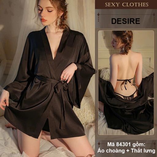 Áo choàng ngủ lụa tay ống rộng cao cấp Áo choàng cô dâu gợi cảm Bride hàng loại 1 VN-84301 Đen - Available variant