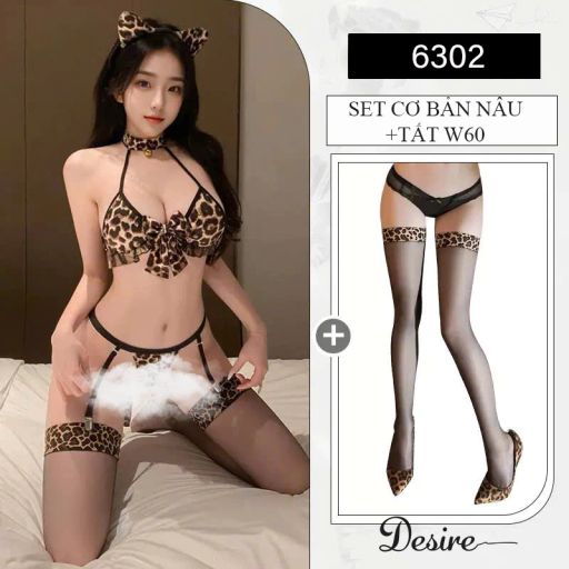 Bộ lót Cosplay Cô nàng mèo hoạ tiết đốm phong cách sexy gợi cảm DESIRE VN-6302 Bộ lót Nâu+Tất W60 - Available variant