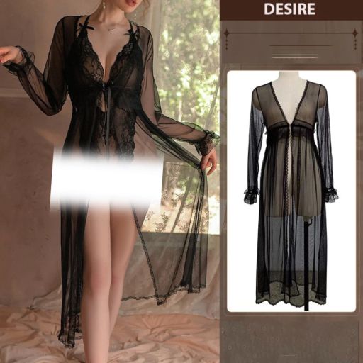 Áo choàng ren dáng dài cài ngực trước phong cách tiểu thư gợi cảm DESIRE VN-86831 Đen M - Available variant
