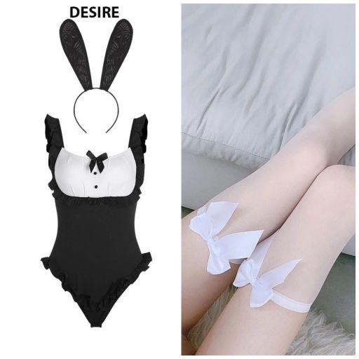 Bộ đồ ngủ liền thân cosplay hoá trang CÔ HẦU GÁI TAI THỎ TINH NGHỊCH hàng chính hãng GUIRUO QC loại 1 DESIRE VN-2328 Set Đen +Tất 04Trắng L(40-63kg) - Available variant