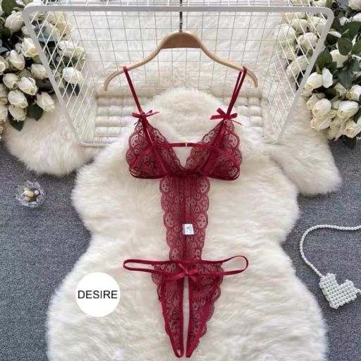 Set đồ lót liền thân ren xẻ đáy và Áo choàng lụa set lót ren gợi cảm sexy VN-8458-1 Bộ lót ren đỏ L - Available variant