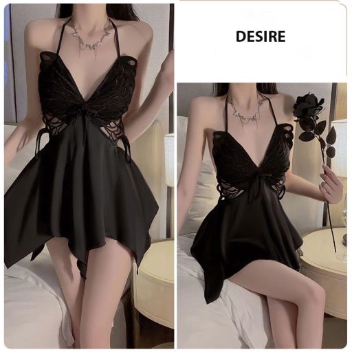 Váy ngủ lụa phối ren khoét lưng gợi cảm  hàng loại 1 chính hãng GUIRUO DESIRE VN-3945 Váy Đen M - Available variant