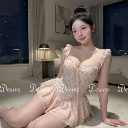 Váy ngủ tiểu thư - Đầm ngủ hoa nhí hai dây corset có mút ngưc kèm chip và đai sexy, gợi cảm DESIRE 1208 Hồng nhạt (ko tất) M (40-53Kg) - Available variant
