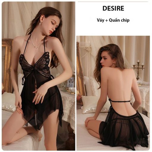 Váy ngủ ren xuyên thấu xẻ trước hở lưng mềm mại gợi cảm sexy kèm chip VN-3713 Đen Freesize 40-63kg - Available variant