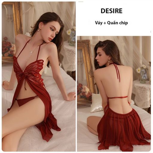 Váy ngủ ren xuyên thấu xẻ trước hở lưng mềm mại gợi cảm sexy kèm chip VN-3713 Đỏ Freesize 40-63kg - Available variant