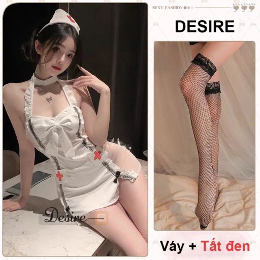 Bộ đồ ngủ Cosplay y tá chất mềm mịn sexy gợi cảm DESIRE VN-2501 Trắng + T-01 đen F (40-60) - Available variant