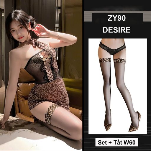 Bộ váy ngủ ôm body hoạ tiết Da báo gợi cảm quyến rũ DESIRE ZY90 Set cơ bản + Tất W60 - Available variant