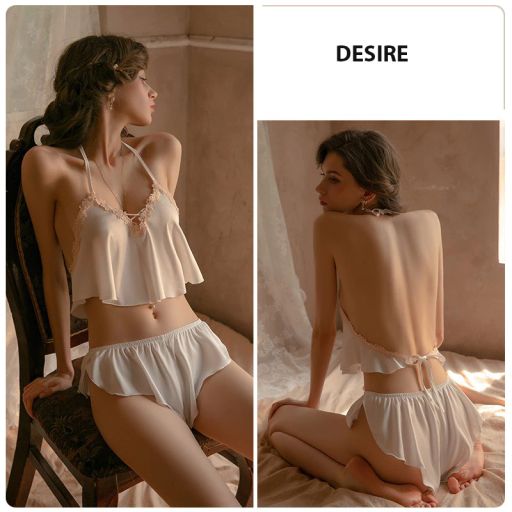 Đồ bộ ngủ lụa cao cấp hai dây yếm cột dây gợi cảm mát mịn mùa hè VN-705 Trắng - Available variant