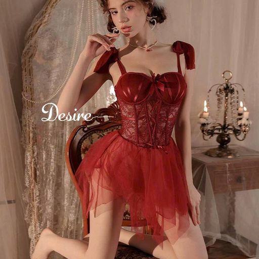 Desire Store, Váy ngủ ren đỏ hai dây cúp ngực sexy kèm quần chip DESIRE- 1059 (Sexy red lace camisole nightdress with matching panties DESIRE-1059) - 400.000 ₫