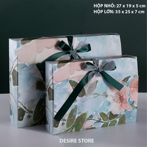 Hộp quà sang trọng hoạ tiết tranh sơn dầu hình chữ nhật hộp quà thắt nơ lụa túi quà Hộp quà Xanh lá 27 x 19 x 5 CM - Available variant