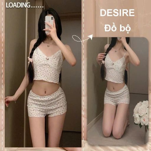 Đồ Bộ Mặc Nhà Hoa Nhí Vintage Hai Dây Viền Ren Sexy - Bộ Đồ Ngủ Nữ Quyến Rũ DESIRE C119 Đồ bộ L - Available variant