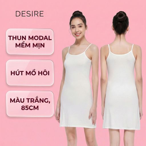 Đầm hai dây - Váy hai dây mặc lót thun modal (Gỗ sồi) dáng suông cổ thuyền Desire VNN-0044N Trắng ngắn 85cm M - Available variant