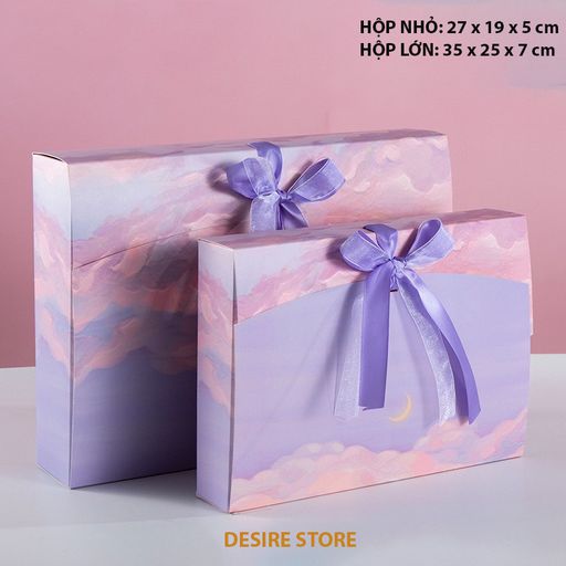 Hộp quà sang trọng hoạ tiết tranh sơn dầu hình chữ nhật hộp quà thắt nơ lụa túi quà Hộp quà Hồng tím 27 x 19 x 5 CM - Available variant