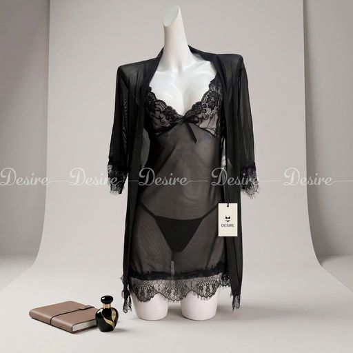 Set Váy ngủ ren, Áo choàng và Quần lót ren DESIRE VN-525 Đen M 48-54kg - Available variant