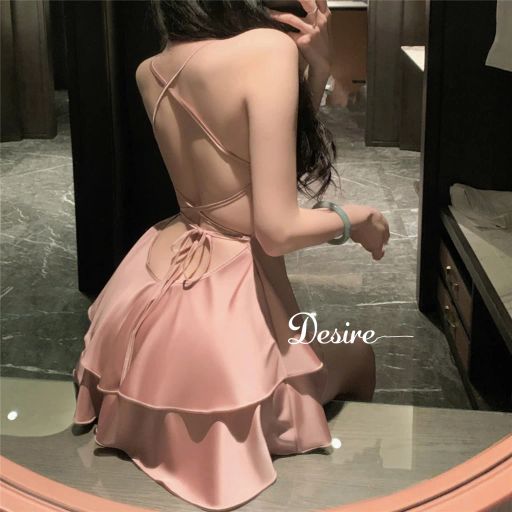 Váy ngủ lụa Đầm ngủ hai dây lụa kèm chip phối ren gợi cảm sexy VN-1068 Hồng phấn L - Available variant
