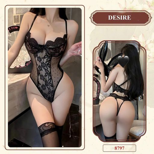 Bộ đồ ngủ liền thân bodysuit xẻ đáy và mông sau gợi cảm QC loại 1 VN-8797-1 Đen - Available variant