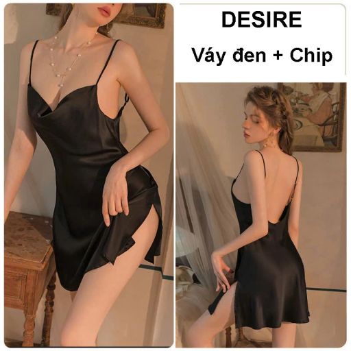 Set Váy ngủ và áo choàng lụa cao cấp cổ đồ gợi cảm kèm áo choàng Desire VN-1910 Váy đen M - Available variant