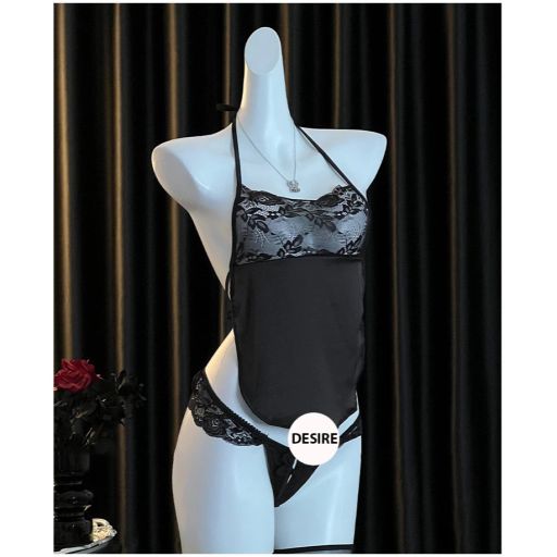 Bộ đồ ngủ yếm lụa ren cột dây quần lọt khe gợi cảm sexy DESIRE VN-8133-1 Đen M - Available variant