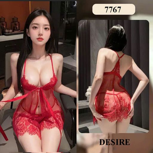 7767 Váy ngủ ren xẻ tà quyến rũ - Đầm ngủ gợi cảm xuyên thấu thắt nơ ngực kèm quần chip DESIRE Váy Đỏ + Chip Freesize 40-60kg - Available variant
