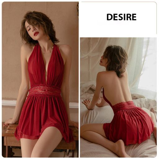 Váy ngủ ren yếm khoét sâu lưng kèm quần lót lọt khe gợi cảm VN-8158 Đỏ Freesize 40-60kg - Available variant