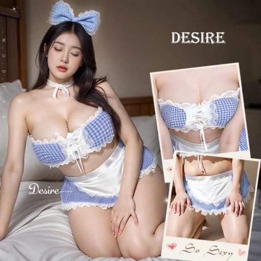 Bộ đồ ngủ hoá trang Cosplay hầu gái ba mảnh caro xanh cup ngực áo quây  BIGSIZE DESIRE VN-2399 Bigsize Có Tất - Available variant