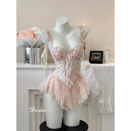 Váy ngủ tiểu thư - Đầm ngủ hoa nhí hai dây corset cúp ngưc kèm chip và đai sexy, gợi cảm DESIRE 1208 Hồng nhạt (ko tất) M (40-53Kg) - Available variant
